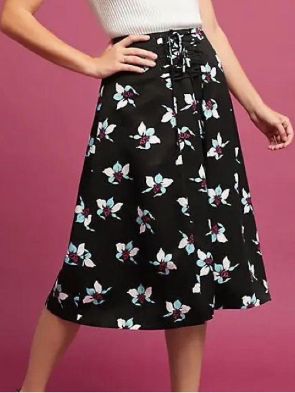 Anthropologie Black Floral Lace-Up Midi Skirt